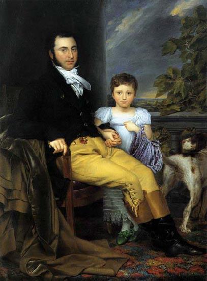 Joseph Denis Odevaere Portrait of a Prominent Gentleman with his Daughter and Hunting Dog